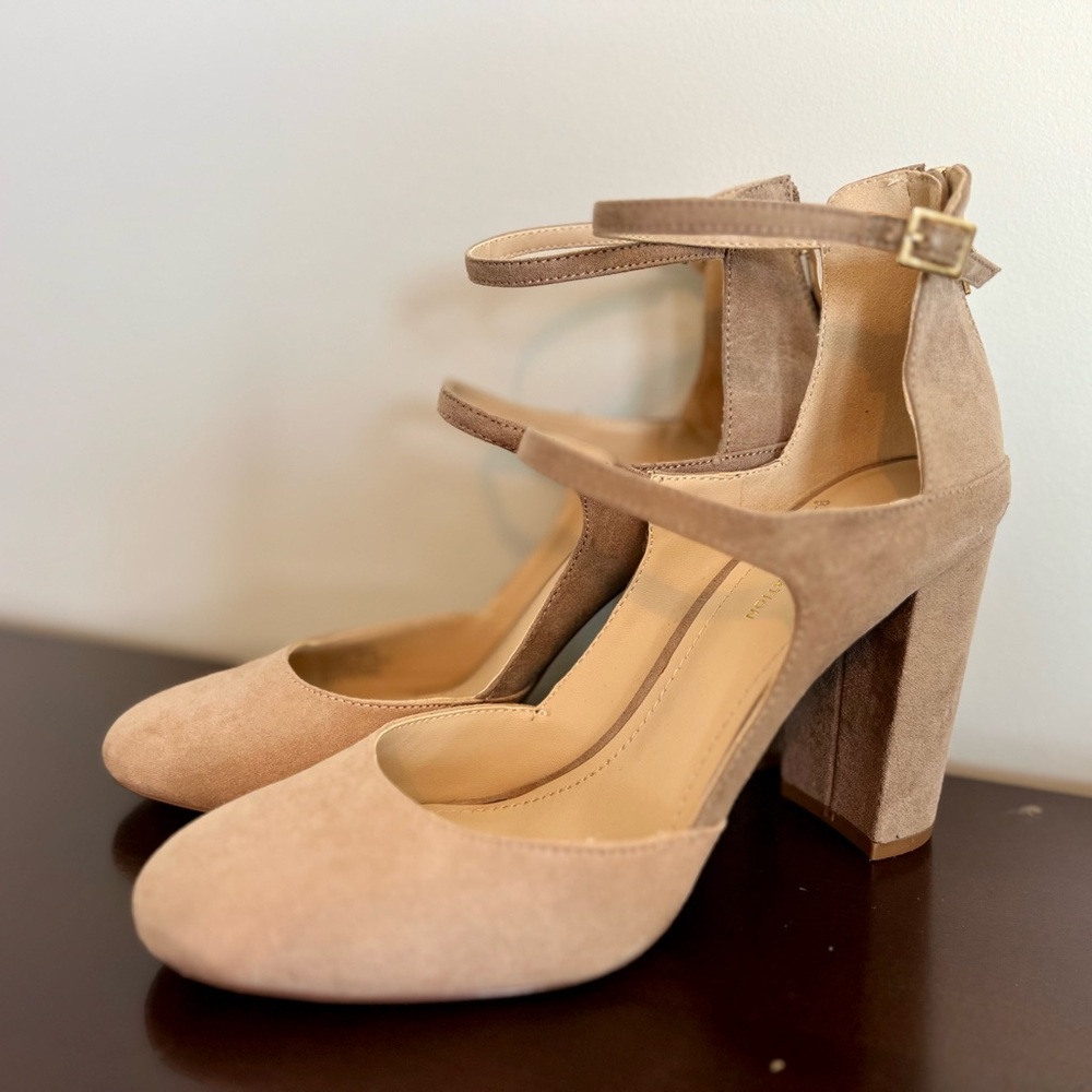 Tan Heels with Chunky Heel and Ankle Strap